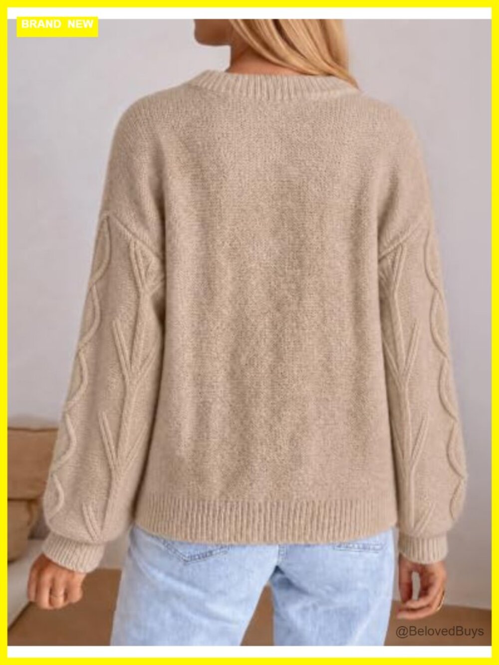 Cable Knit Oversized Pullover Sweater Loose Fit Drop Shoulder Crew Neck - Picture 5 of 6